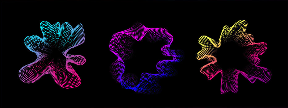 Set of multicolored round abstract sound dots wave oscillations. Sound curve. Digital equalizer. Colorful neon template for music poster and banner. radial spectrum. vector