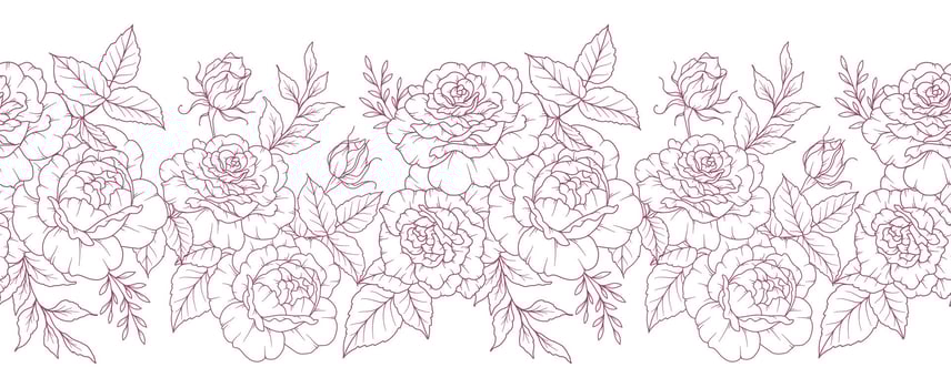 Rose Flower Border with Tropical Plants and Flowers. Seamless Horizontal Floral Background. Line Art Drawing. Minimalist Flower Design. Flower garland seamless. Border Frame vector