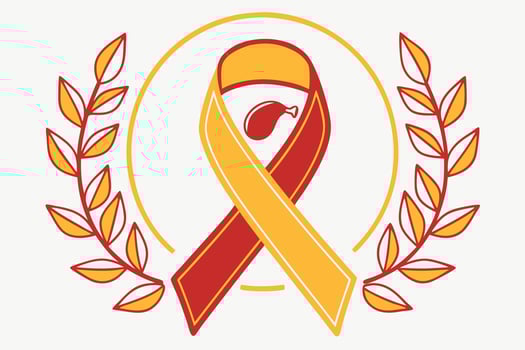 A red and yellow ribbon with leaves around it vector