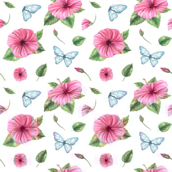 Floral pattern with pink hibiscus and butterflies vector