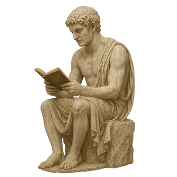Ancient Greek statue reading a book. Ancient Roman statue reading a book. Transparent png
