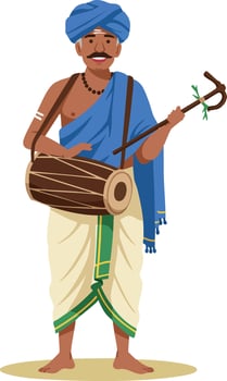 Traditional Indian man playing dhol drum wearing turban and dhoti cultural music illustration vector