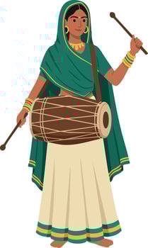 Indian woman in traditional dress playing dhol drum cultural music illustration vector