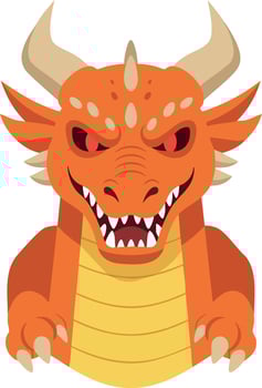 Fierce orange dragon head with sharp teeth and horns fantasy creature illustration design vector