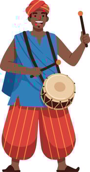 African man playing traditional drum in colorful clothing holding drumstick illustration vector