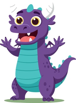 Cute purple cartoon baby dragon with turquoise belly and playful expression illustration vector