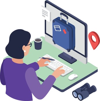 Woman browsing travel luggage online with desktop computer and travel icons illustration vector