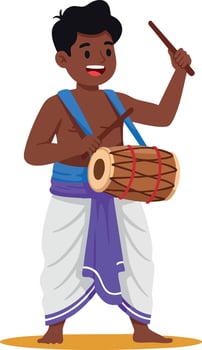 Young boy playing traditional drum wearing dhoti and sash cultural music illustration vector