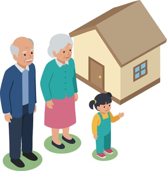 Grandparents with granddaughter standing near house symbolizing family home and generational connection in style vector