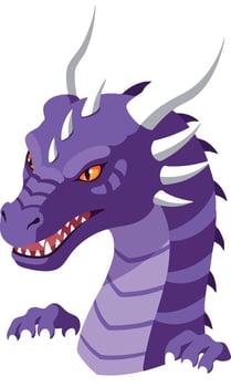 Purple dragon head with sharp teeth and white horns fantasy creature design illustration vector