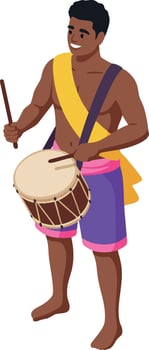 Man playing traditional drum with stick in colorful clothing and yellow sash illustration vector