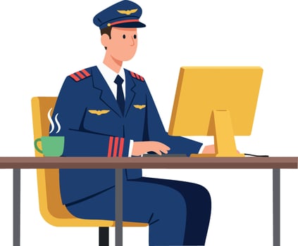 Pilot in blue uniform working on computer at desk with coffee cup illustration vector