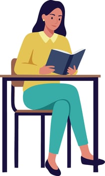 Woman Sitting at Desk Reading Book in Casual Outfit with Yellow Sweater and Teal Pants Illustration vector