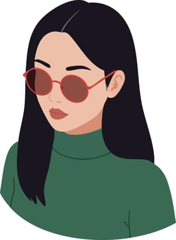Young woman wearing red sunglasses and green turtleneck sweater portrait with black hair and neutral expression vector