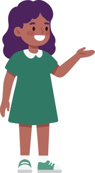 Little girl with purple hair in green dress smiling and gesturing happily illustration vector