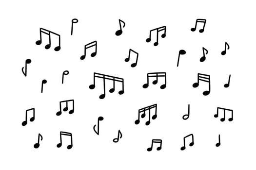 Set of simple doodle music note icons. Hand drawn sketch illustration. Song melody, sound, music key background. Childish kid crayon scribbles. Sound design. Cute sketchy drawing vector