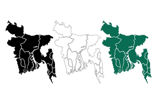 Three stylized maps of bangladesh showing its distinctive shape and internal divisions vector