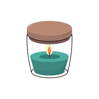 Teal candle with flame inside a clear glass jar with brown wooden lid in a minimalist style vector