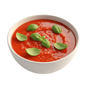 Bowl of Fresh Red Tomato Soup with Basil Leaves png