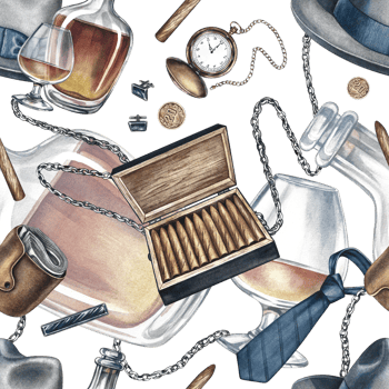 Seamless pattern on a men's theme, with the image of cognac, wallets, cigars and men's accessories. Hand-drawn watercolor illustration. For textiles, wrapping paper and packaging, for bachelor parties png