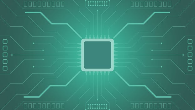 Modern green circuit board background featuring a central microchip and electronic lines perfect for tech digital and innovation designs vector