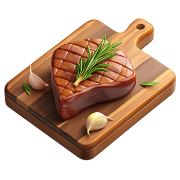 Juicy grilled steak with rosemary and garlic on a wooden cutting board png