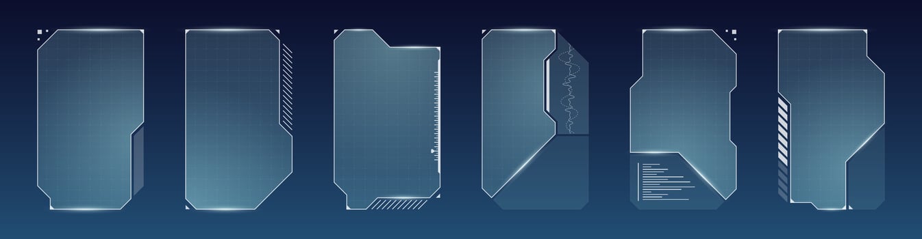 Futuristic game stream overlay with glowing UI borders, electronic menu, neon frame and sci fi panels. Clean HUD design for VR, twitch broadcasts or online control display. vector