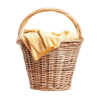 Woven wicker laundry basket with a folded yellow towel isolated on transparent background png