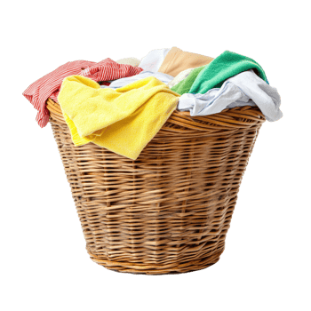Wicker laundry basket overflowing with colorful clothes isolated on transparent background png