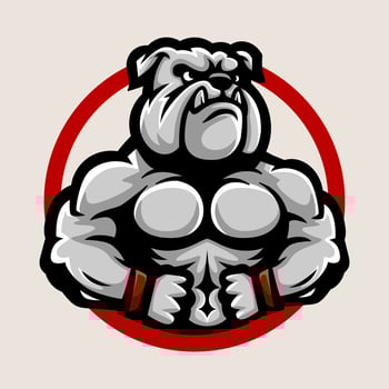 fun muscle dog bulldog colorful logo mascot character isolated drawing line style sketch classic vintage design illustration vector