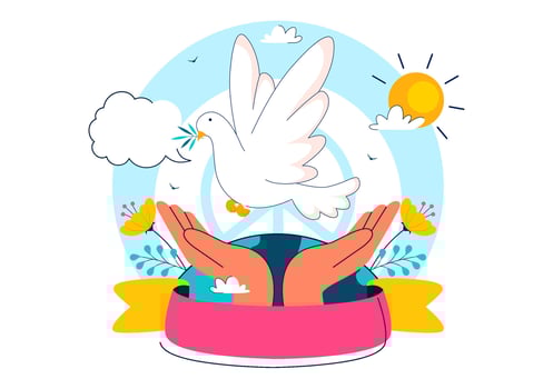 Dove flying above hands symbolizing peace vector