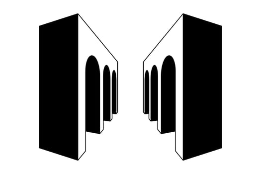 arc gallery path. Black and white surreal arch gate element. Retro 3d vaulted arcade in perspective. Vintage colonnade tunnel concept for collage, poster, banner, brochure, leaflet. vector