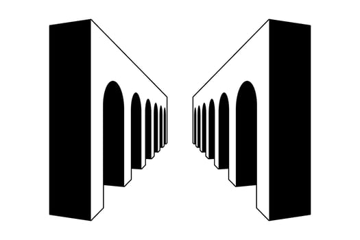 Linear arc gallery path. Black and white surreal arch gate element. Retro 3d vaulted arcade in perspective. Vintage colonnade tunnel concept for collage, poster, banner, booklet, leaflet. vector