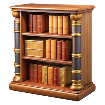 Classic wooden bookshelf filled with leather bound books isolated on transparent background png