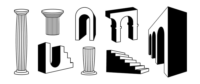 Outline arches, columns and stair collection. Surreal greek ruin element set. Black bold 3d arc doors pillars, staircase, gates bundle. Trippy shapes pack for collage, poster, banner, sticker vector