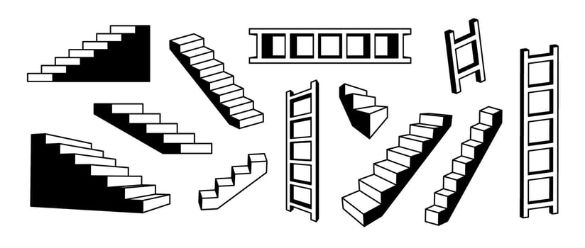 Linear stairs and ladders set. Black and white surreal geometric element collection. 3d perspective steps and staircases bundle. Retro outline shapes for collage, poster, banner. Art pack vector