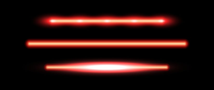 Red neon tube lamp set. Glowing led light line beam collection. Warm color luminous fluorescent bar stick lines. Red orange strip element pack to divide, separate, decorate. vector