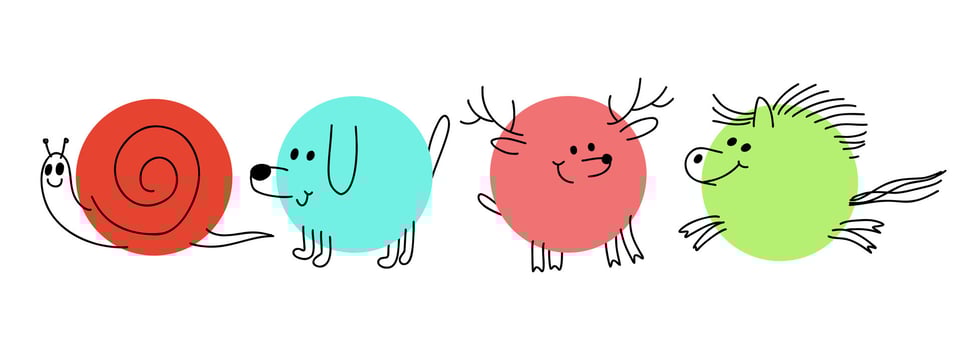 A collection of simple stickers with smiling animals drawn with pencil lines in a circle. Cute pictograms depicting a snail, a dog, a horse and a deer vector