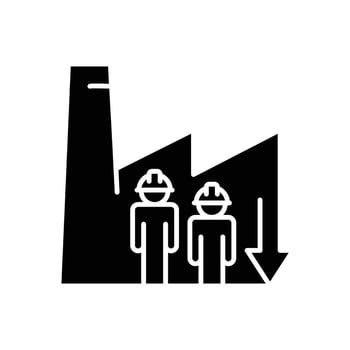 Industrial Worker Shortage Icon. Glyph Style. Factory with Two Employees and Downward Graph. Labor Shortage Crisis. Staff Deficit in Manufacturing. Job Vacancy and Productiv vector
