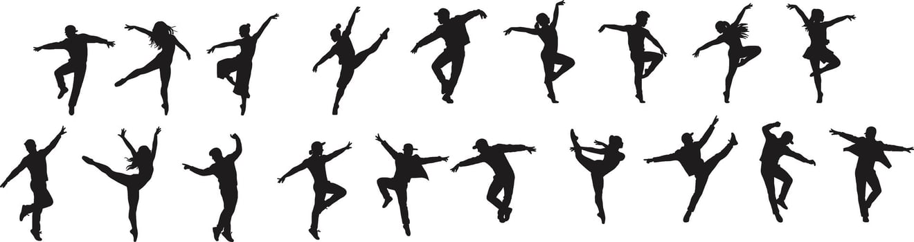 Female Dance Silhouettes in Jump and Spin Moves A full set of women in elegant dancing silhouettes, capturing dynamic movement and rhythm. Great for ballet, contemporary dance, or celebration visuals vector
