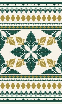 Intricate Detailed Ancient and Modern Thai Silk with Elaborate Design. Scroll Geometric Ornament Blooming Royal Gold Deep Green Vintage Style for Luxury Clean Art Work Perfect for Spa Interior Textile vector