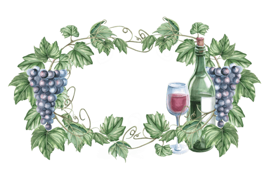 Oval frame with grapevine, bunch of ripe grapes and bottle of wine. Isolated watercolor illustration in realistic style for restaurant menu design, bar interior, textile printing. png