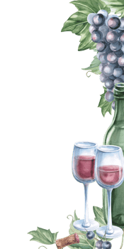 Rectangular vertical frame with glasses of red wine and ripe bunch of grapes. Isolated watercolor illustration for bar card, shop windows, menu, design of printed products for fairs, harvest day. png