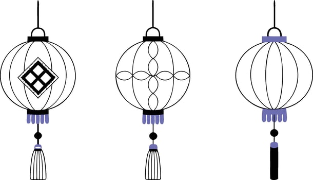 Three hanging lanterns with tassels and a black and white design vector