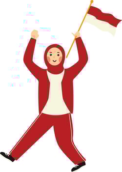 Indonesian Hijab Woman Holding Indonesian Flag. Cartoon Character vector