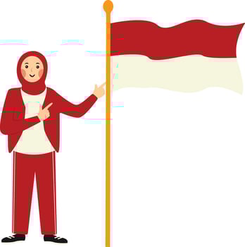 Illustration of Cute Muslim Woman Holding the Indonesian Flag. Independence Day Celebration vector