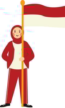 Cute Muslim Woman Holding the Indonesian Flag. Cartoon Character vector