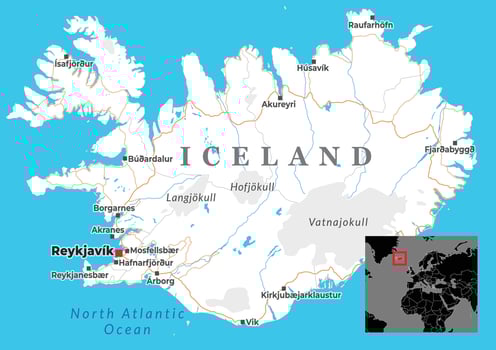 Political map of Iceland showing major cities, glaciers, and its location in the North Atlantic vector