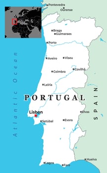 Political map of Portugal highlighting major cities, bordering Spain, and its western coastline along the Atlantic Ocean vector