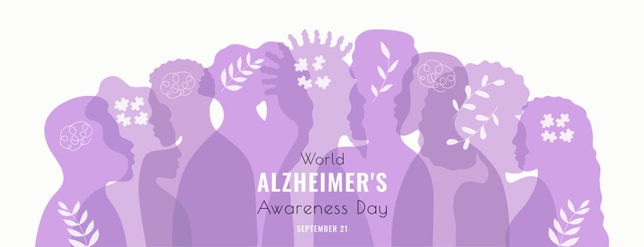 World Alzheimer's Day banner template with typography. Minimalist abstract silhouettes of people and plants. Brain Health and diseases concept. Violet background. Flat style. vector